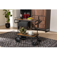 Baxton Studio YLX-9085-Wine Cart Baxton Studio Potter Modern Rustic and Industrial Walnut Brown Finished Wood and Black Finished Metal 2-Tier Wine Serving Cart